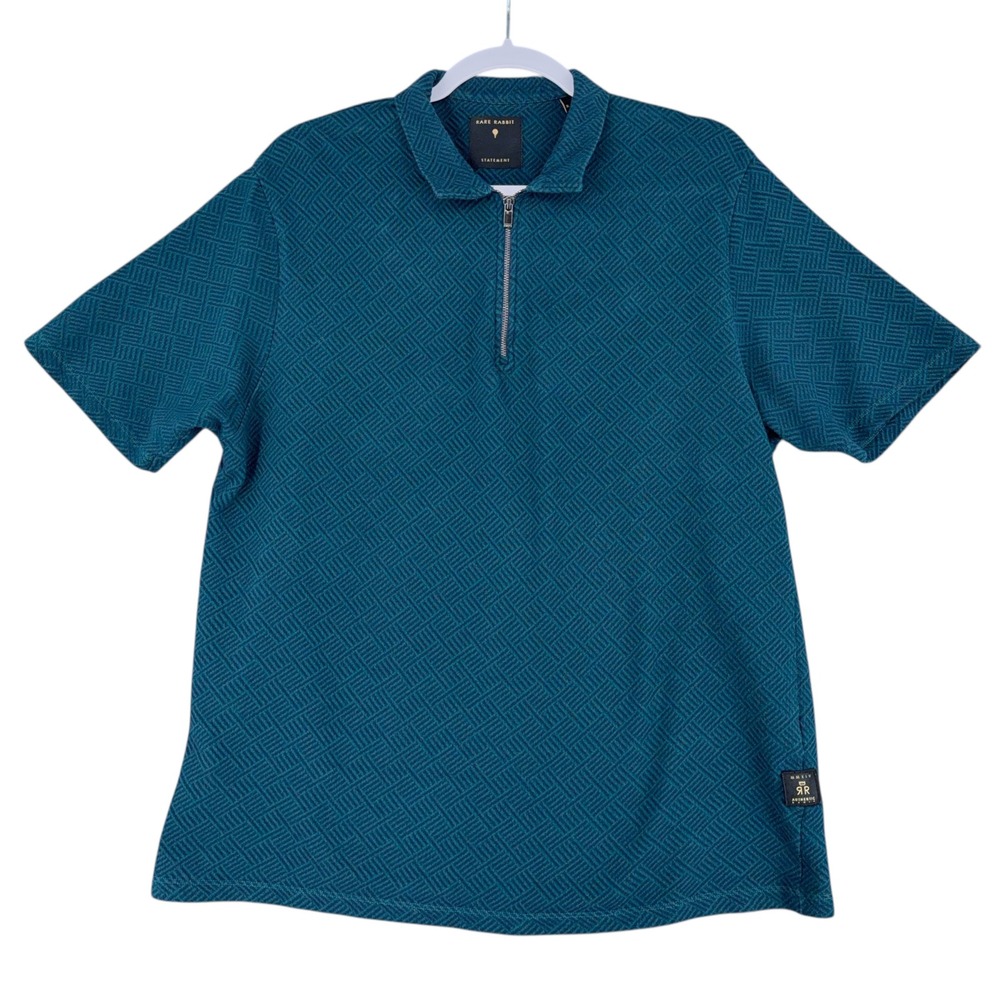 Rare Rabbit Men's Teal Geometric Print Short Sleeve‎ Quarter Zip Polo Shirt XL